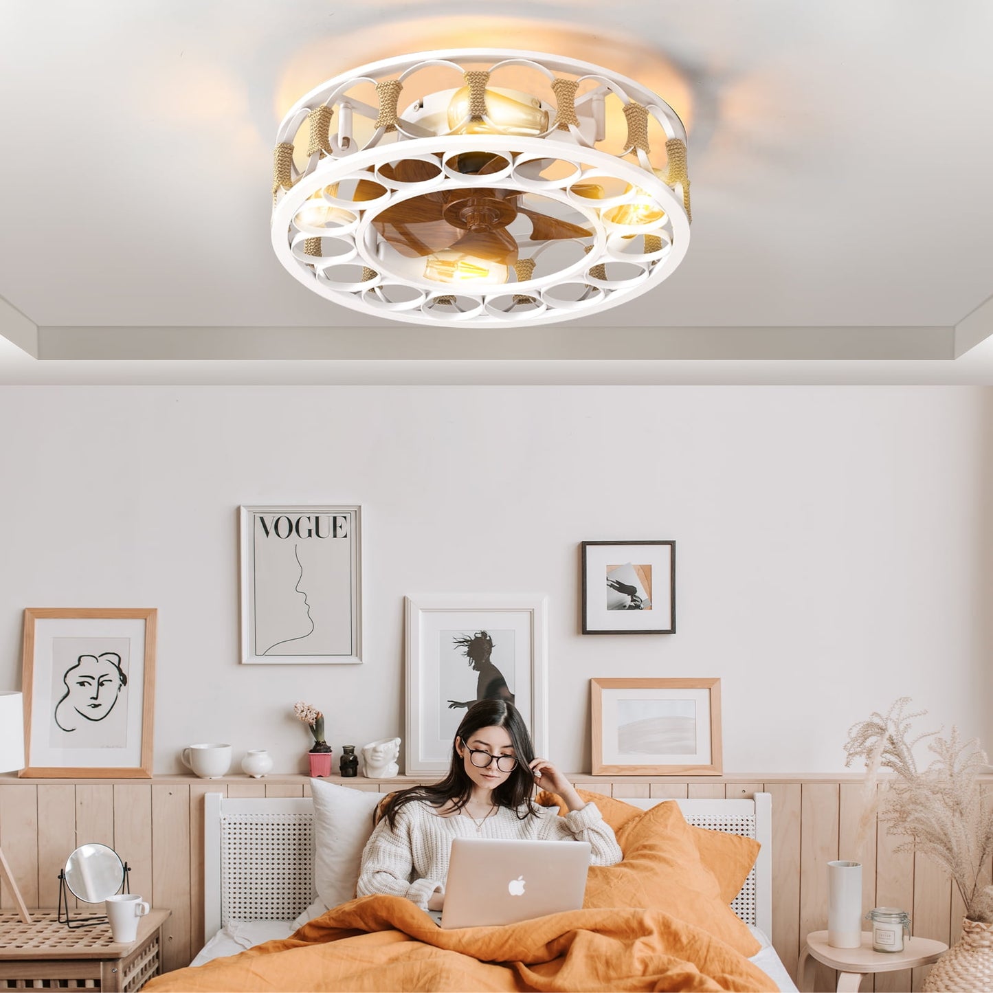 Flush Mount Ceiling Fan with Lights Remote Control, Indoor Retro Low Profile Caged Ceiling Fan with 5 Blades for Living Room, Bedroom, Kitchen
