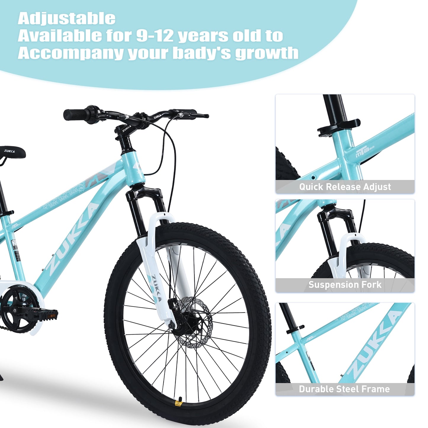 Tyethy 24" Mountain Bike for Girls, Steel Frame Kids MTB Children Bicycle for Boys Age 9-12, Cyan