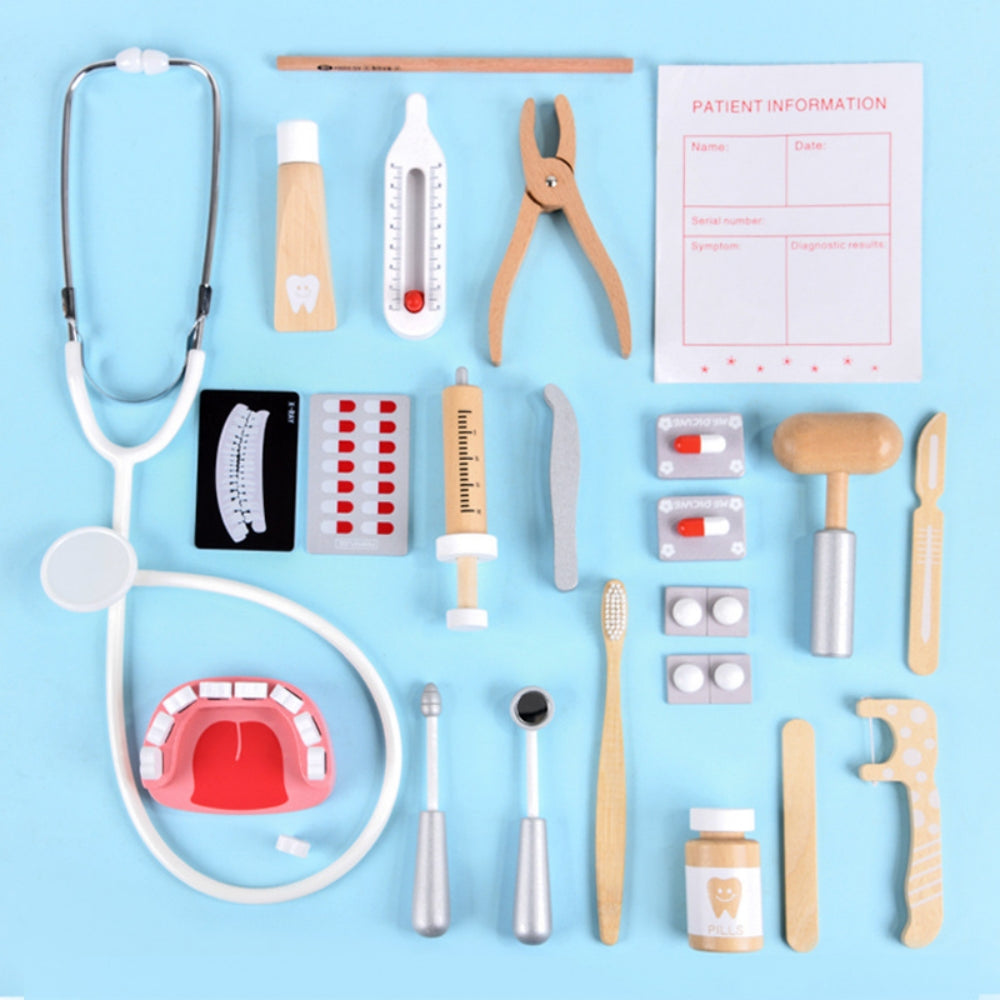 Tyethy 25 Pcs Doctor Kit for Kids, Wooden Pretend Playset Medical Kit Toys with Bag for 3-8 Toddlers, Role Playing Gift