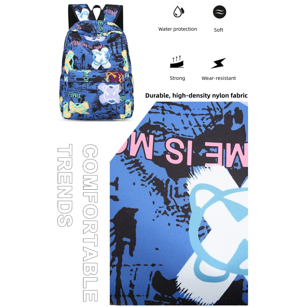 Kids Backpack Set, Graffiti-printed School Bag for Teens Boys and Girls, Elementary Middle School Bookbag Set with Crossbody Bag and Pencil Case, Blue