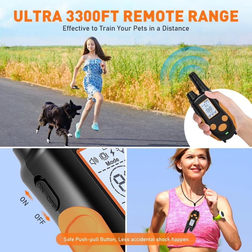 Juuar Dog Shock Collar with Remote Control, 3300Ft Rechargeable IPX7 Waterproof Dog Training Collar with Beep Vibration Safe Shock for Large Medium, Orange