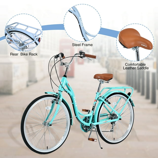 26" Beach Cruiser Bike Shimano 7 Speeds Steel Frame for Adult Women Men, Multiple Colors, Mint Green