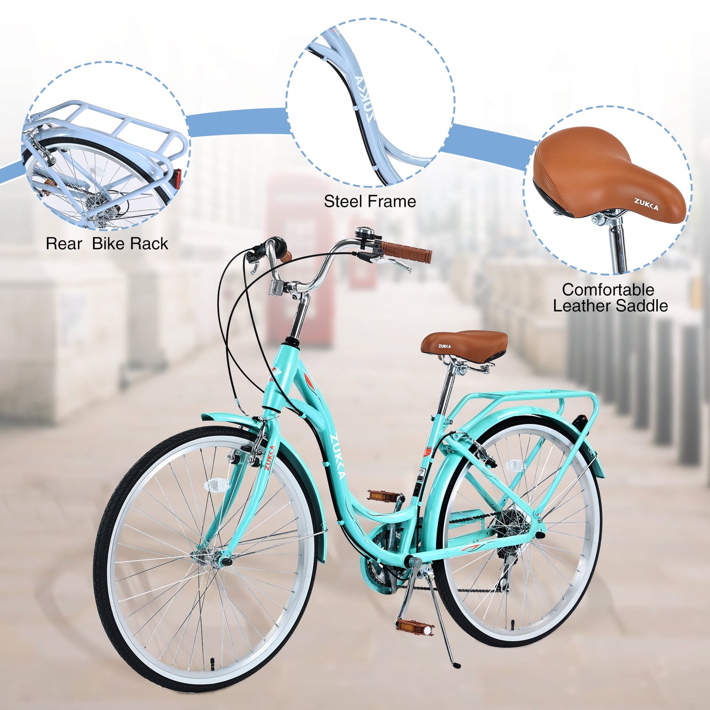 26" Beach Cruiser Bike Shimano 7 Speeds Steel Frame for Adult Women Men, Multiple Colors, Mint Green