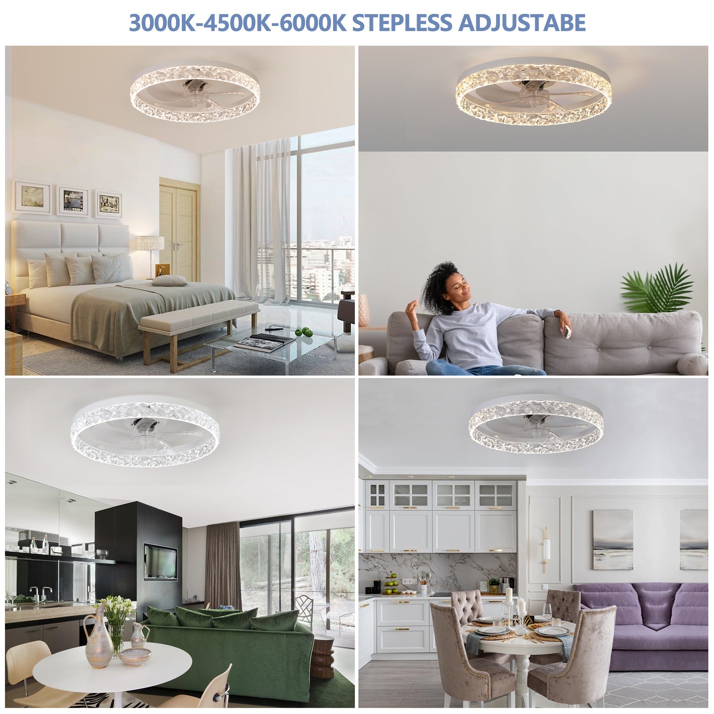Baprem Ceiling Fan with Light Remote Controls Dimmable LED Chandelier 6-Speeds Quiet Flush Mount Ceiling Fan for Living Room Bedroom Dining Room