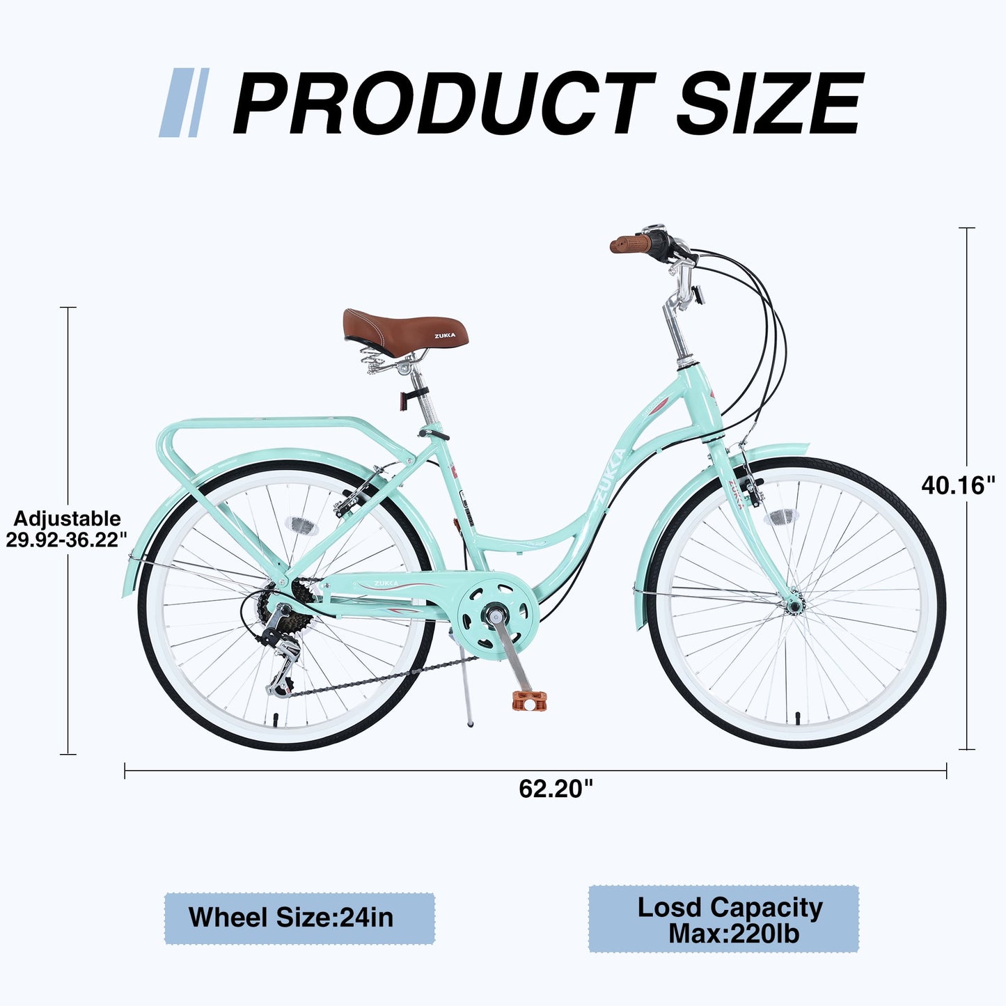 Women's Bike 24 Inch Adult Cruiser Bicycle Shimano 7 Speeds Steel Frame City Commuter Bike for Ladies, Blue Green