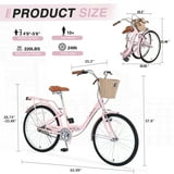 Tyethy Beach Cruiser Bike 22" Commuter Bicycle for Adults Womens, 7-Speed Steel Frame Comfortable City Bikes with Rear Rack and Basket, Pink