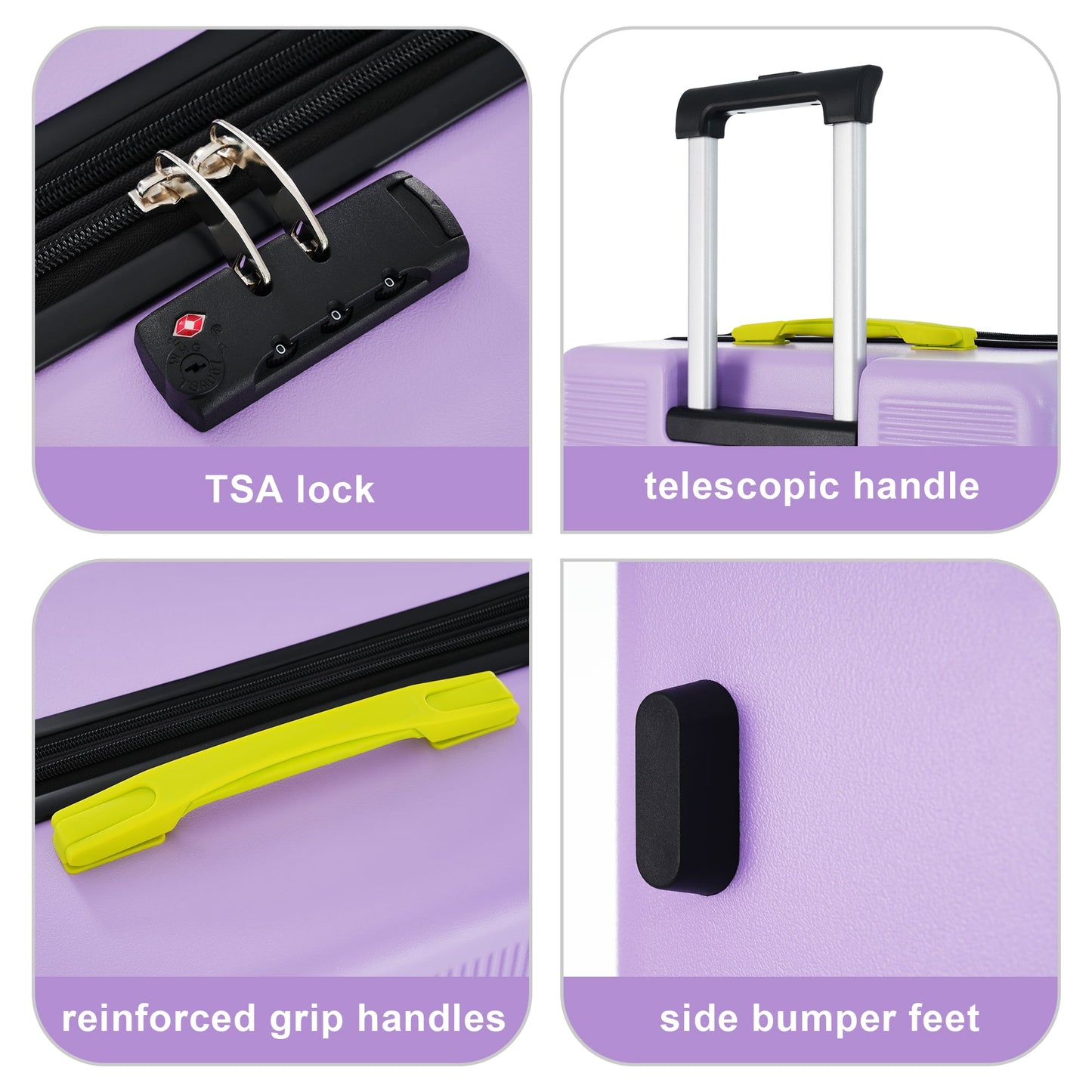 3 Piece Hardside Luggage Set with Spinner, TSA Lock , 20" 24' 28" ,Purple Contrast Color
