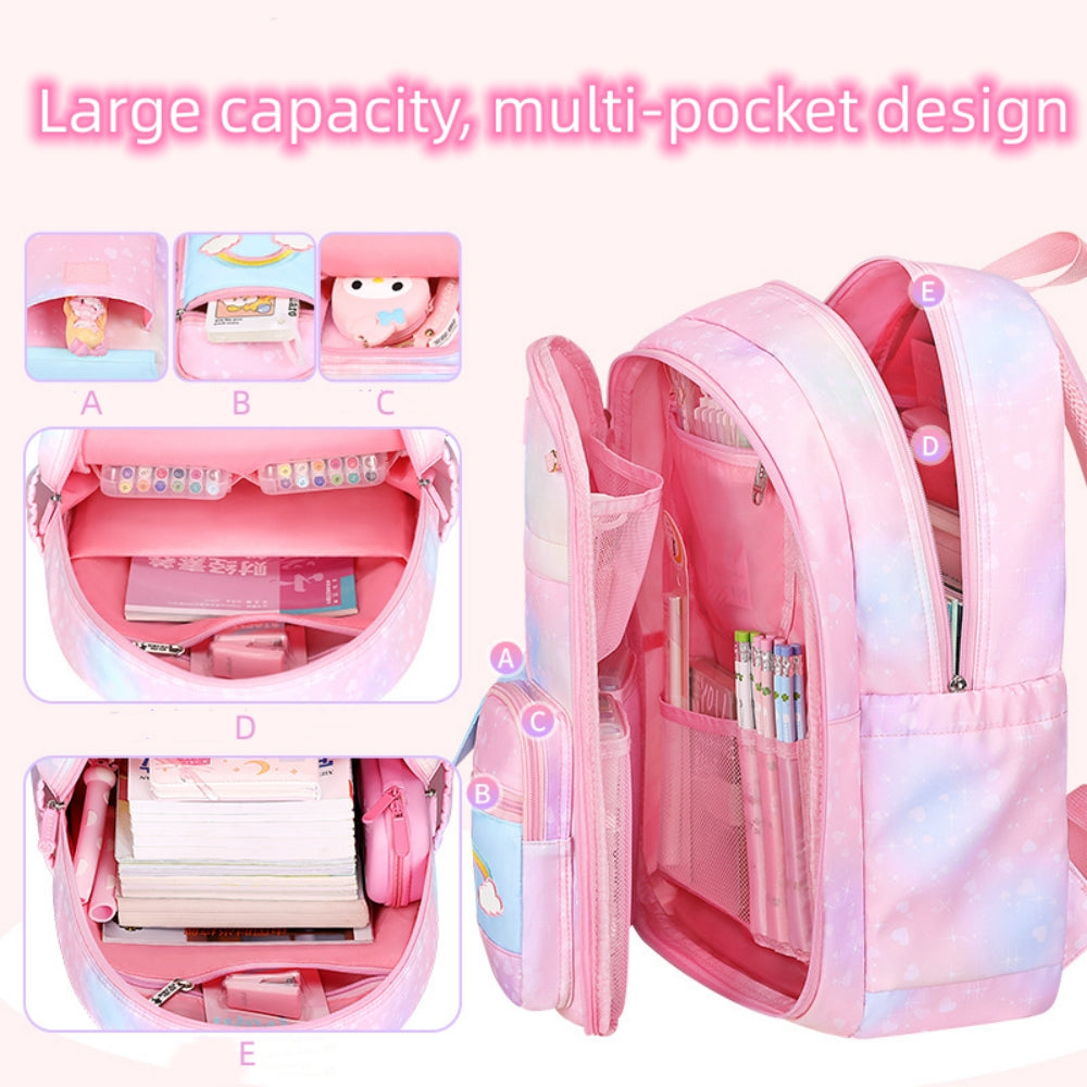 Girls Backpack, Large Capacity Lightweight Nylon School Backpack with Compartments, Cute Rainbow Refrigerator Design Elementary School Bag for Teen Girls, Pink
