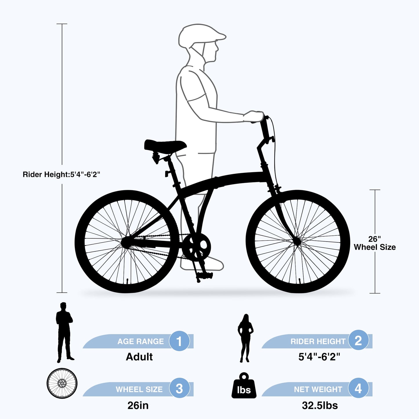 26" Folding City Bike, Single Speed Beach Cruiser Bike for Men Women Adults, Blue