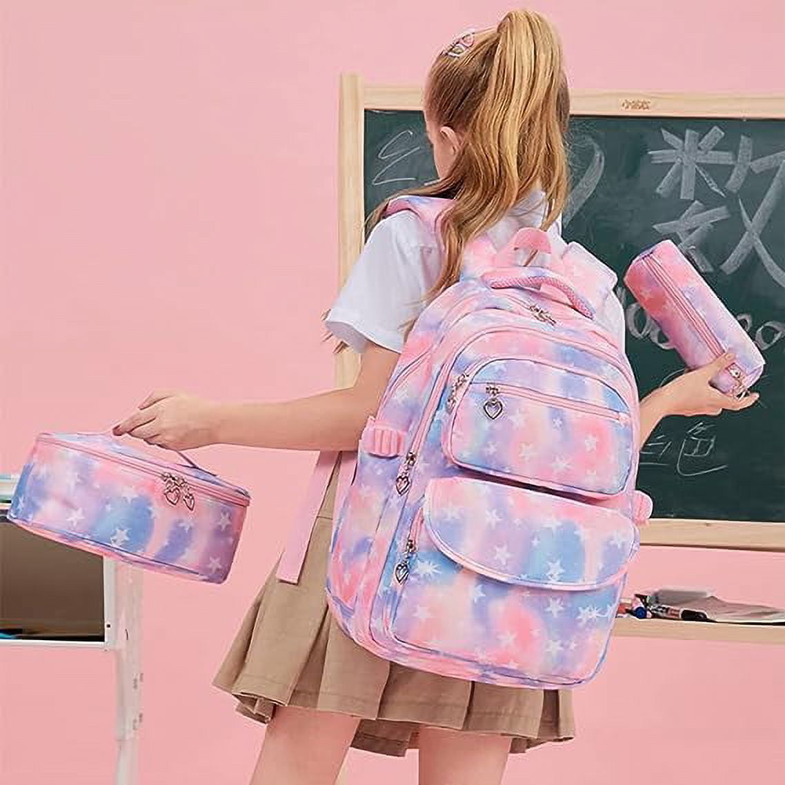 Girls Backpack with Lunch Bag and Pencil Case, Star Printed Kids School Backpack Set, Lightweight School Bag Children Bookbag for Elementary Middle Students, Pink