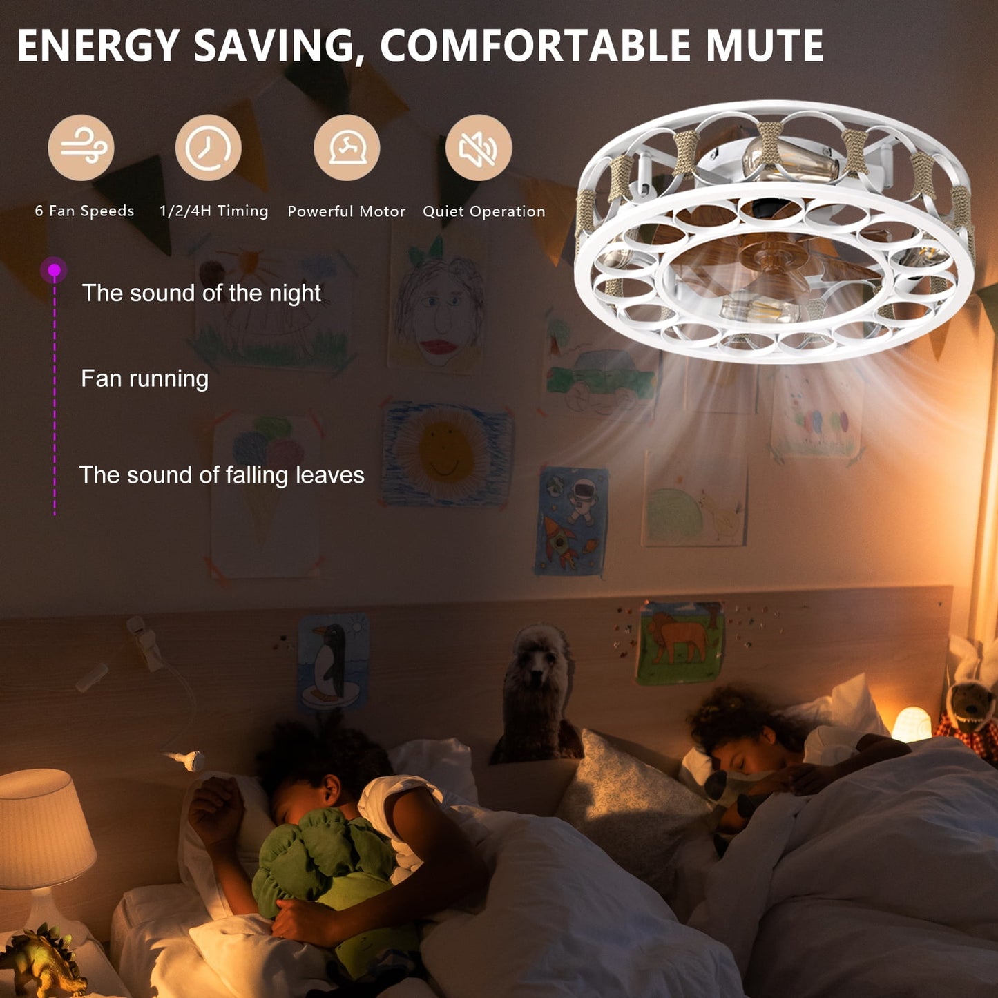 Flush Mount Ceiling Fan with Lights Remote Control, Indoor Retro Low Profile Caged Ceiling Fan with 5 Blades for Living Room, Bedroom, Kitchen