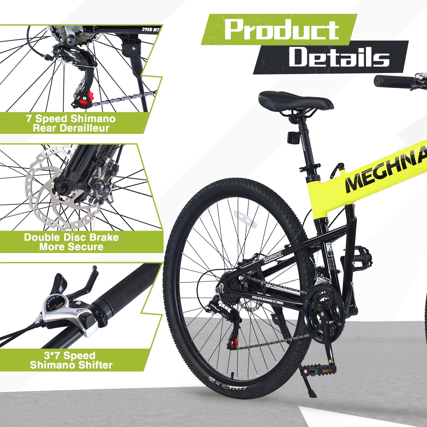 29" Folding Mountain Bike 21 Speeds Adults Bike Aluminium Alloy Frame Men's Bike with Suspension Fork, Yellow