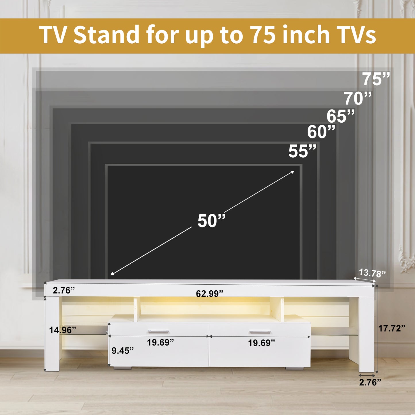TV Stands for 70" TV, Modern TV Cabinet with LED Lights, Living Room Entertainment Center TV Console Table with Drawers Storage and Shelves, White