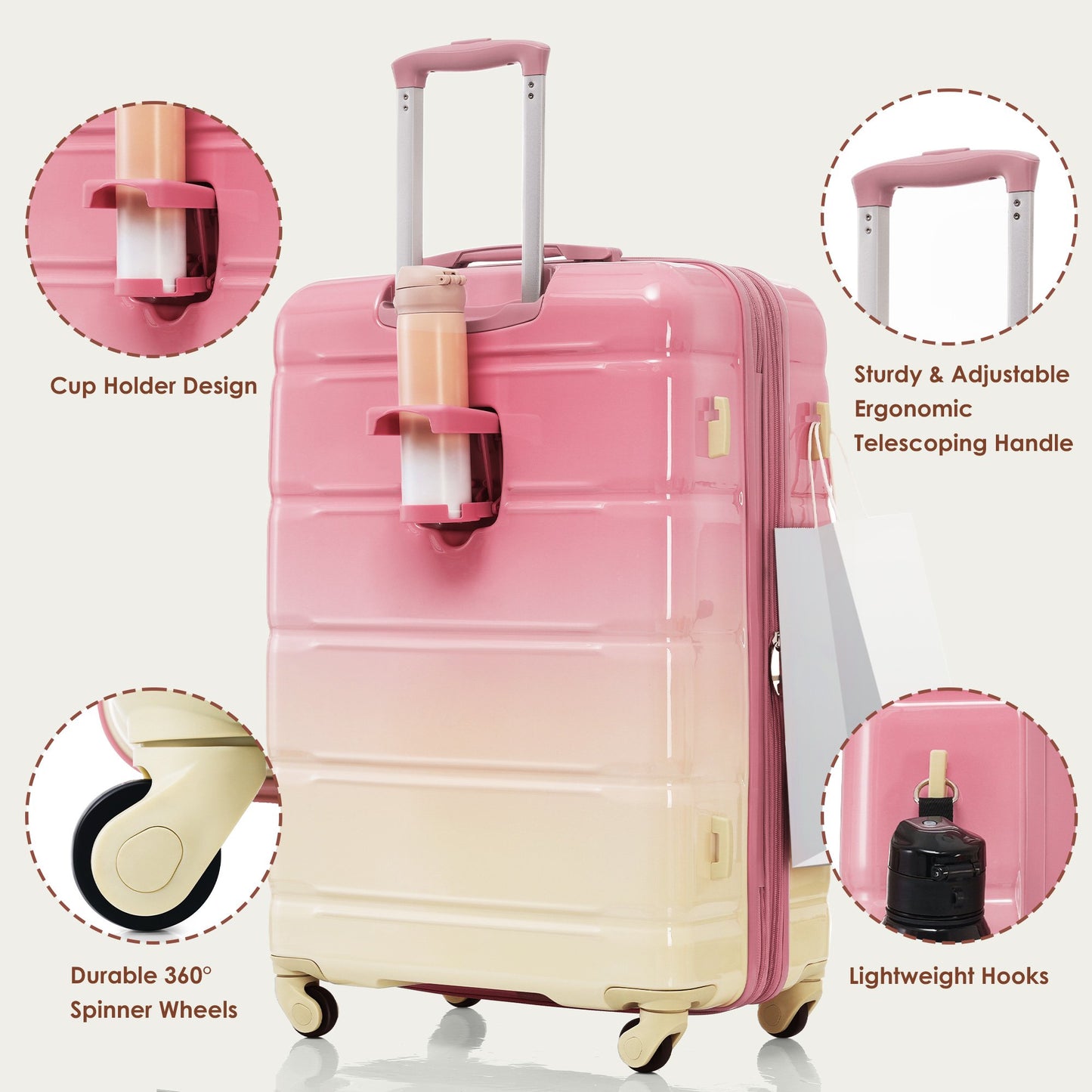 Luggage Set 4 Piece, Hardside Luggage Suitcase Sets with Travel Bag, Collapsible Cup Holder, TSA Lock, Spinner Wheels, White
