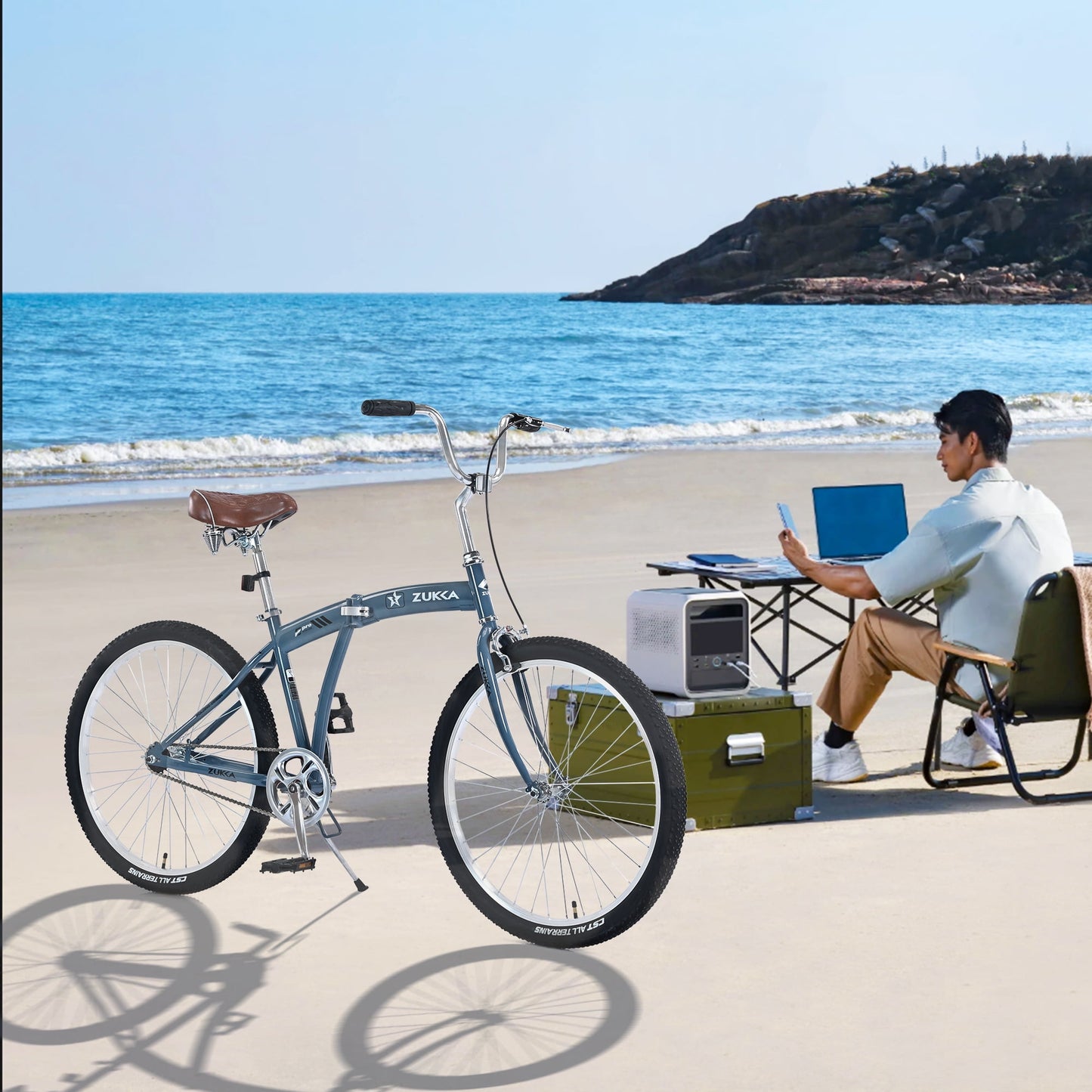 26" Folding City Bike, Single Speed Beach Cruiser Bike for Men Women Adults, Blue