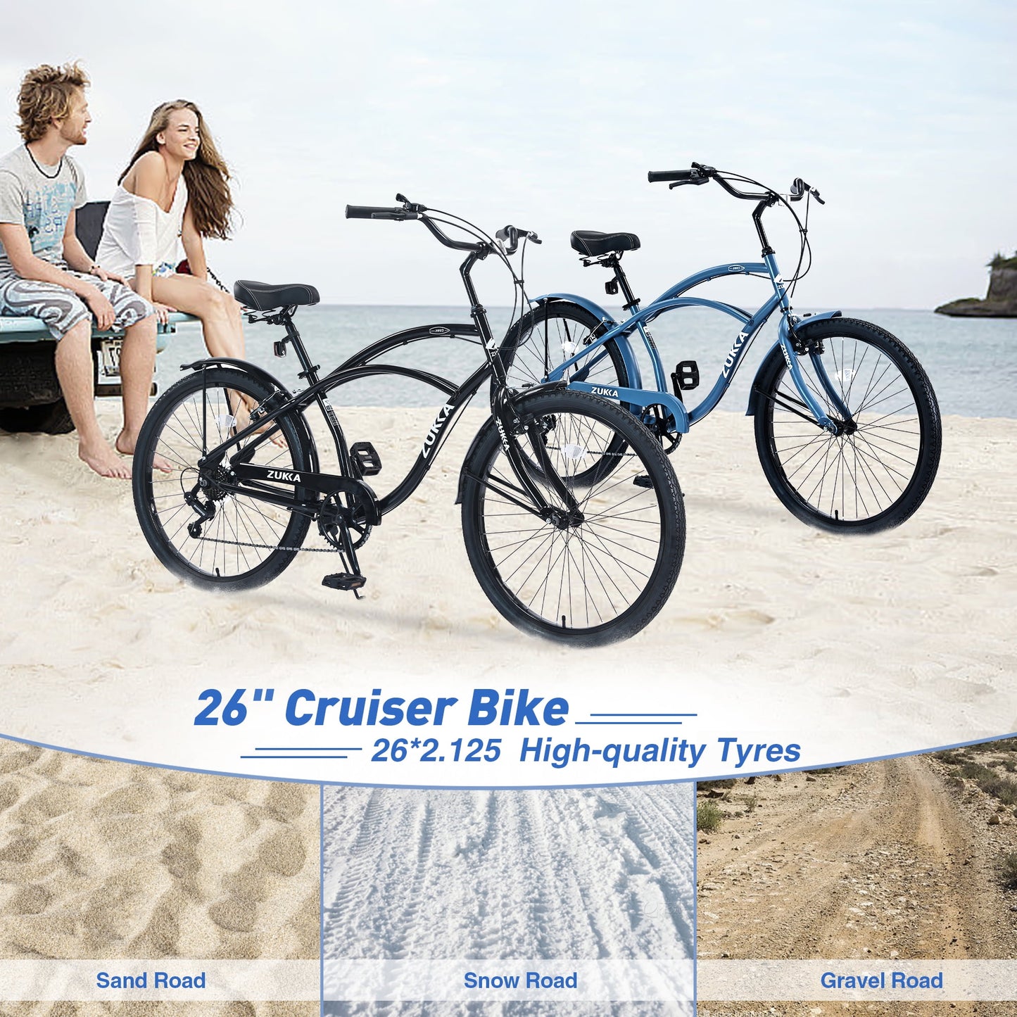 26" Women's Beach Cruiser Bike Steel Frame Bicycle, Shimano 7-Speed Urban Lady Comfort Bike, Blue