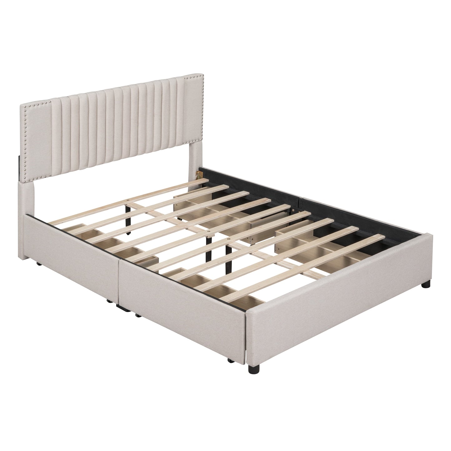 Queen Size Bed Frame, Upholstered Platform Bed with Classic Headboard and 4 Drawers, Wooden Slats Support, No Box Spring Needed, Beige
