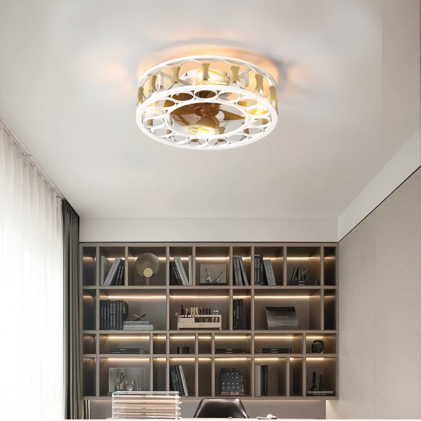 Ceiling Fan with Light and Remote Control, Flush Mount Ceiling Fan, Indoor Retro Low Profile Caged Ceiling Fan with 5 Bulbs for Living Room, Bedroom, Kitchen