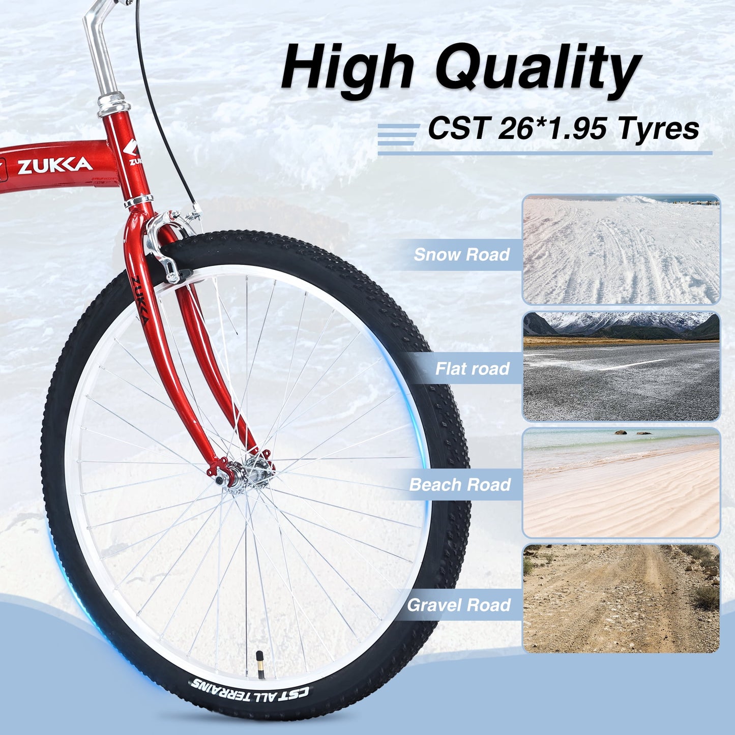 26" Folding City Bike, Single Speed Beach Cruiser Bike for Men Women Adults, Red