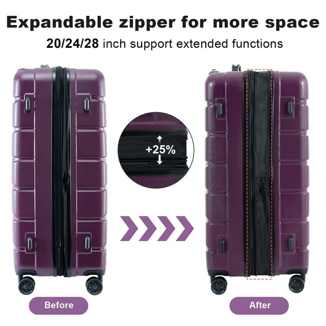 Luggage Set, 3 Pcs Expandable ABS Hardshell Suitcase Luggage Set with Spinner Wheels TSA Lock for Travel Business, 20"24"28", Deep Purple