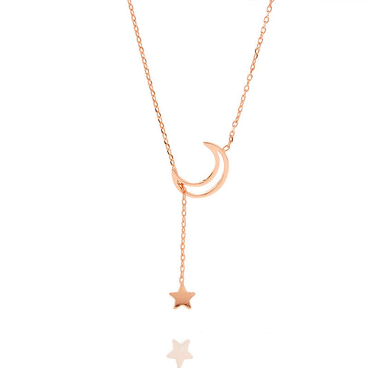 Dainty Moon Star Pendant Necklace for Women, Rose Gold Half Moon Tiny Star Charm Necklace Minimalist Jewelry