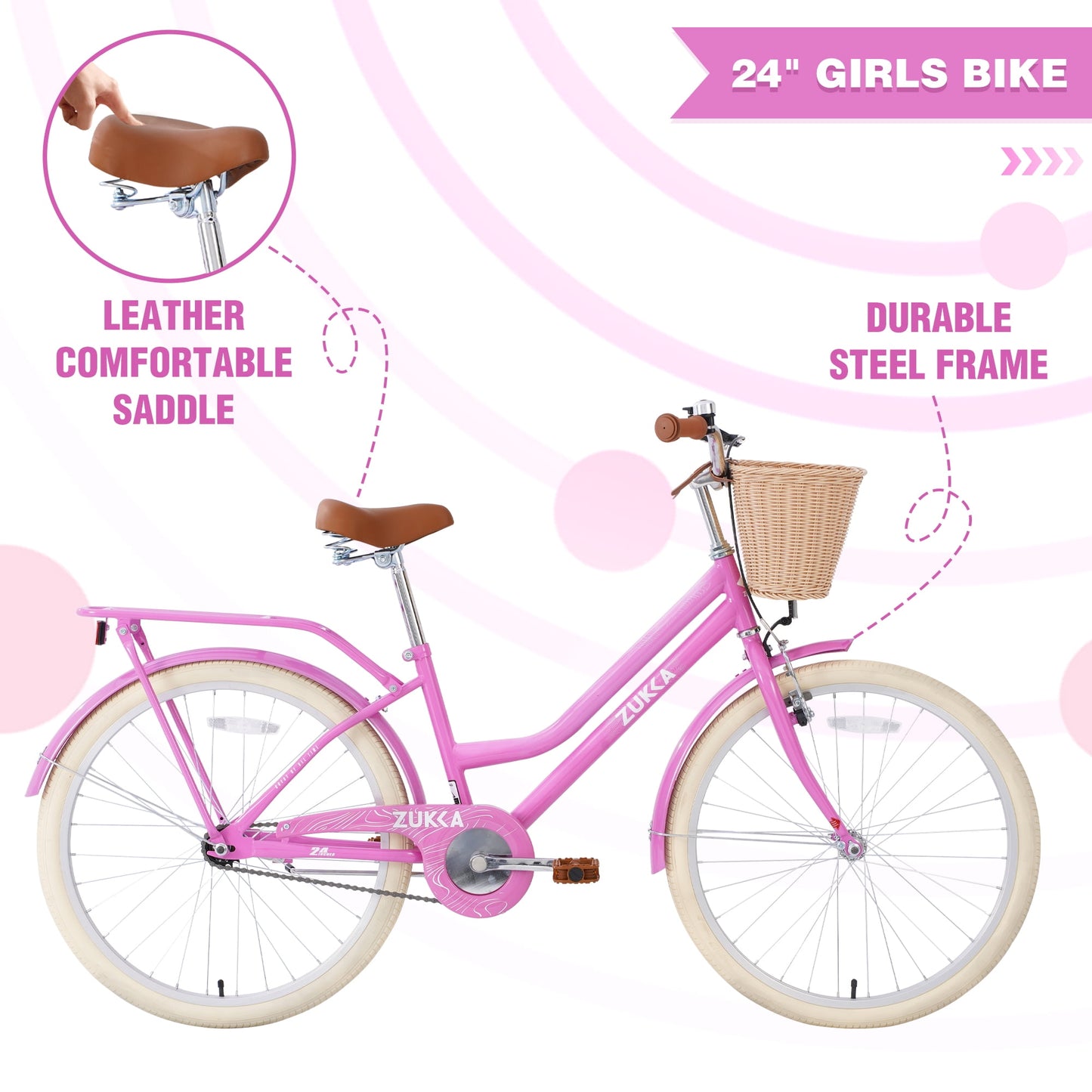 Girls Bike 24" Kids Bike with Basket, Singel Speed Steel Frame Cruiser Bike Commuter City Bicycle for Girls Women, Yellow