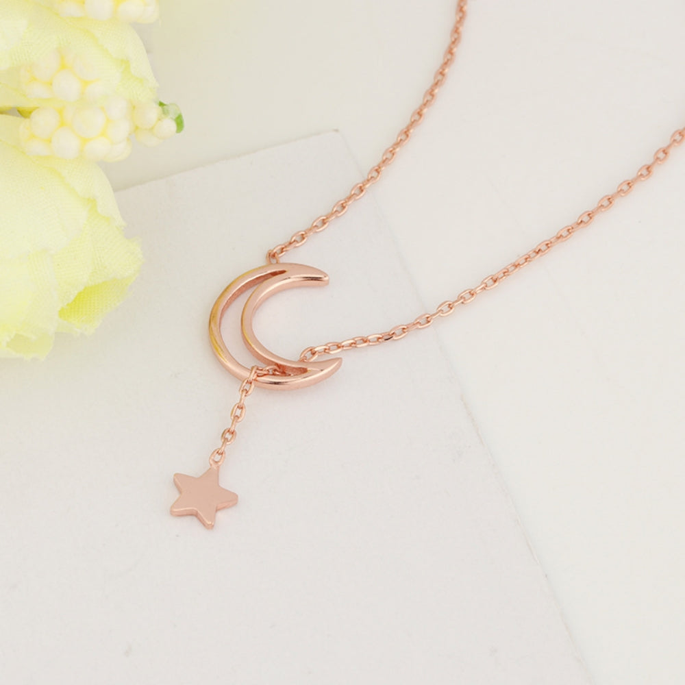 Dainty Moon Star Pendant Necklace for Women, Rose Gold Half Moon Tiny Star Charm Necklace Minimalist Jewelry