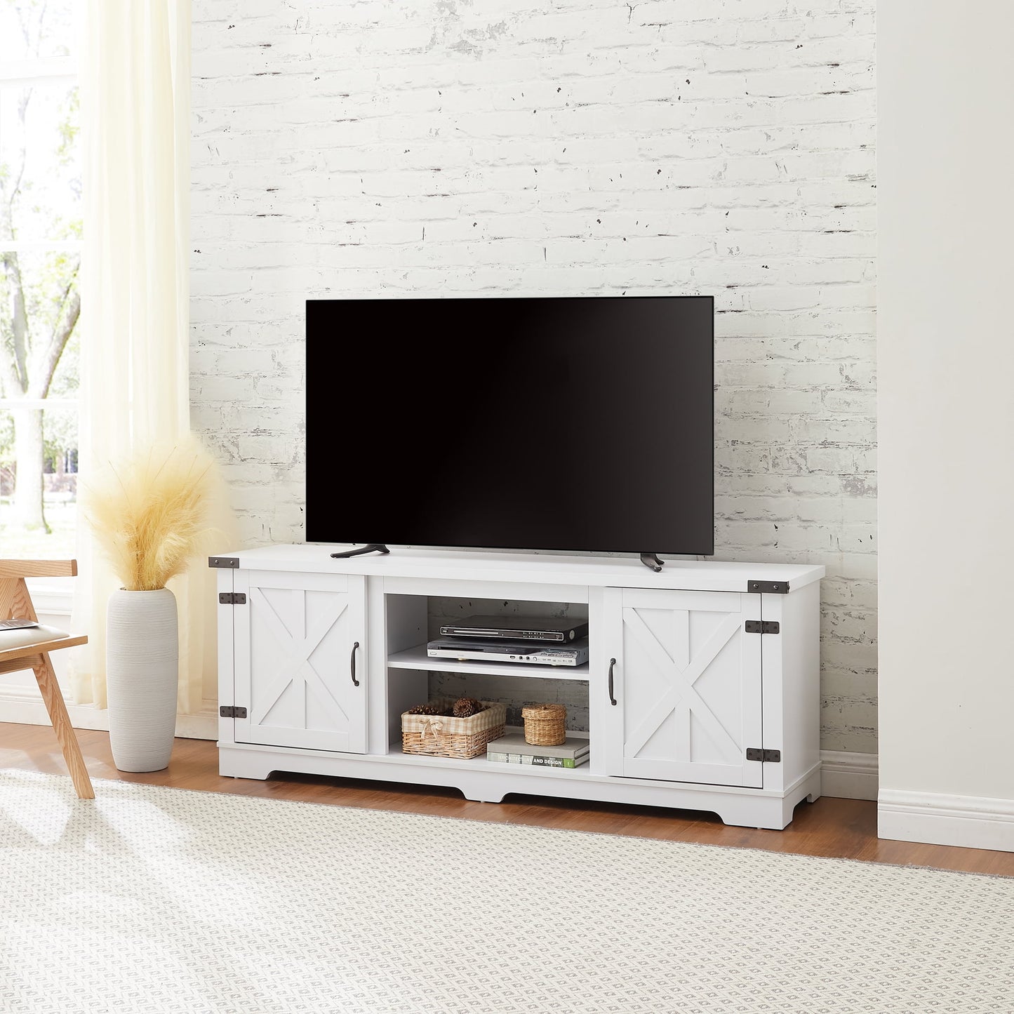 Modern Farmhouse TV Media Stand, Large Barn Inspired Home Entertainment Console, for TV Up to 70'', with Open Shelves and Closed Cabinets, White, 64.8"W*15.67"D*24.29"H