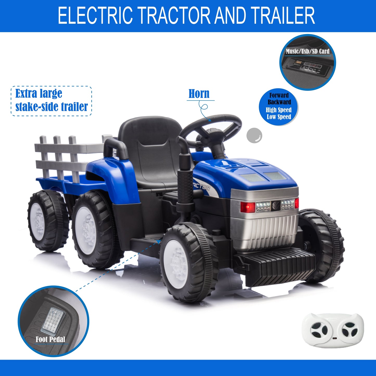 12V Ride on Toys Remote Control Electric Kids Ride on Tractor with Trailer LED Headlights for Toddlers Boys Girls Ages 3-6, Blue