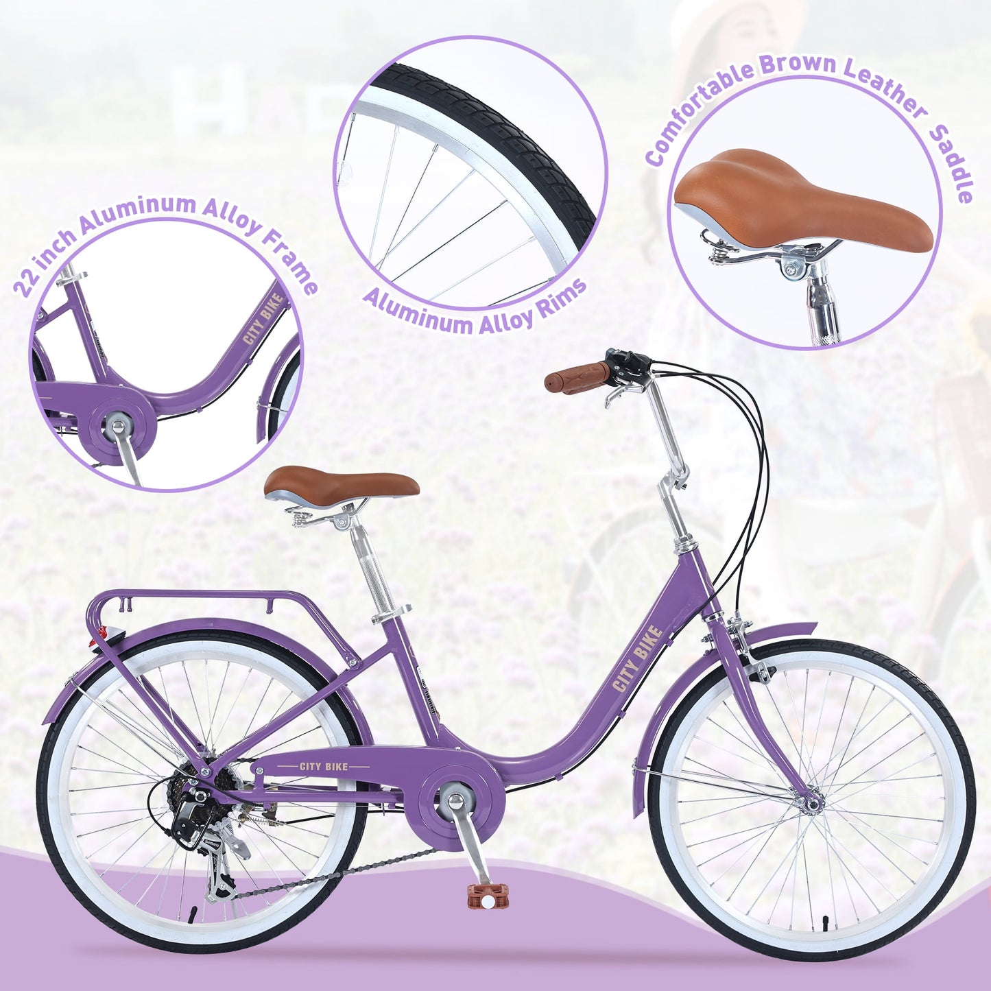 22" Girls Bike 7 Speed Aluminium Alloy Frame Kids Bicycle Cruiser Bike for Girls Women Ages 8+, Purple