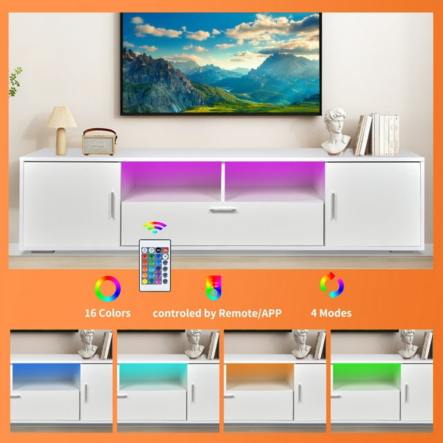 TV Stands for TVs up to 75", Modern Entertainment Center TV Cabinet with LED Lights and Storage for Gaming Living Room Bedroom, White