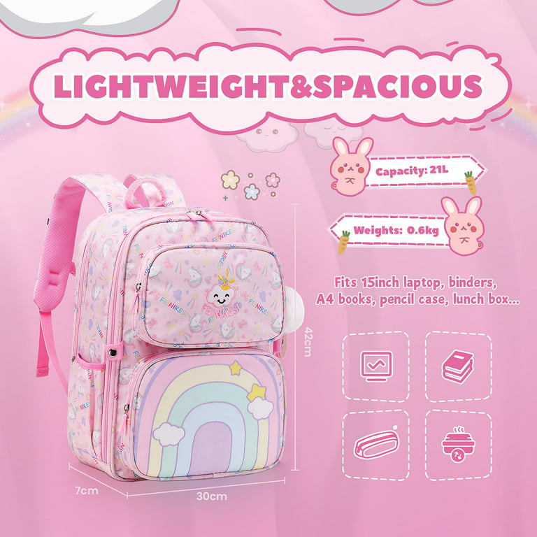Tyethy Girls Backpack Cute Rainbow School Bag Large Multi-pockets Kids School Backpack Bookbag for Children, Pink
