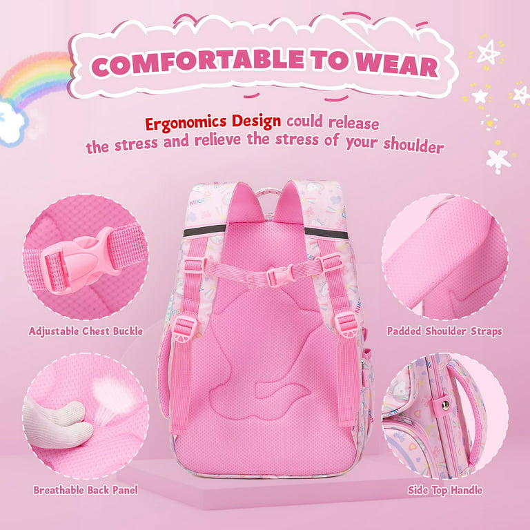 Tyethy Girls Backpack Cute Rainbow School Bag Large Multi-pockets Kids School Backpack Bookbag for Children, Pink
