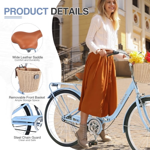 Tyethy Beach Cruiser Bike 26" Commuter Bicycle for Adults Womens, 7-Speed Steel Frame Comfortable City Bikes with Rear Rack and Basket, Multi-colors