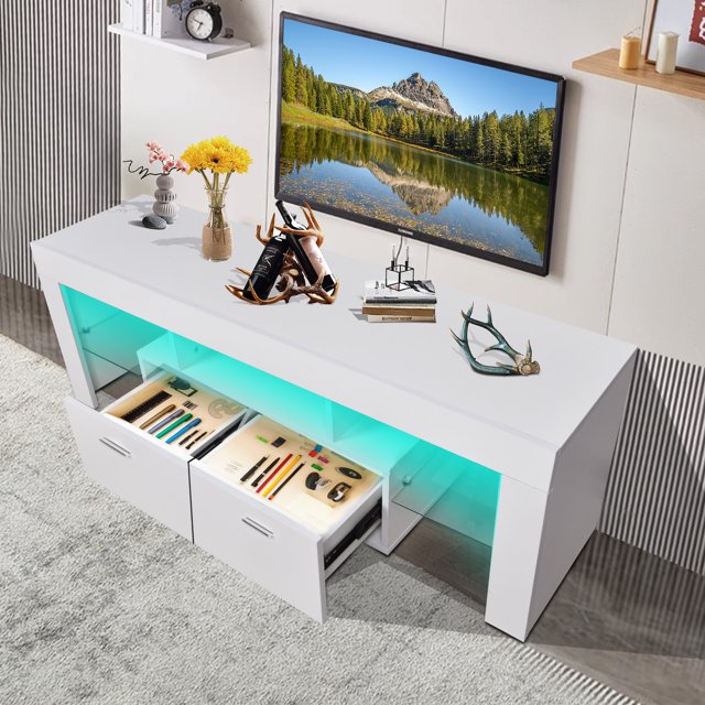 TV Stands for 70" TV, Modern TV Cabinet with LED Lights, Living Room Entertainment Center TV Console Table with Drawers Storage and Shelves, White