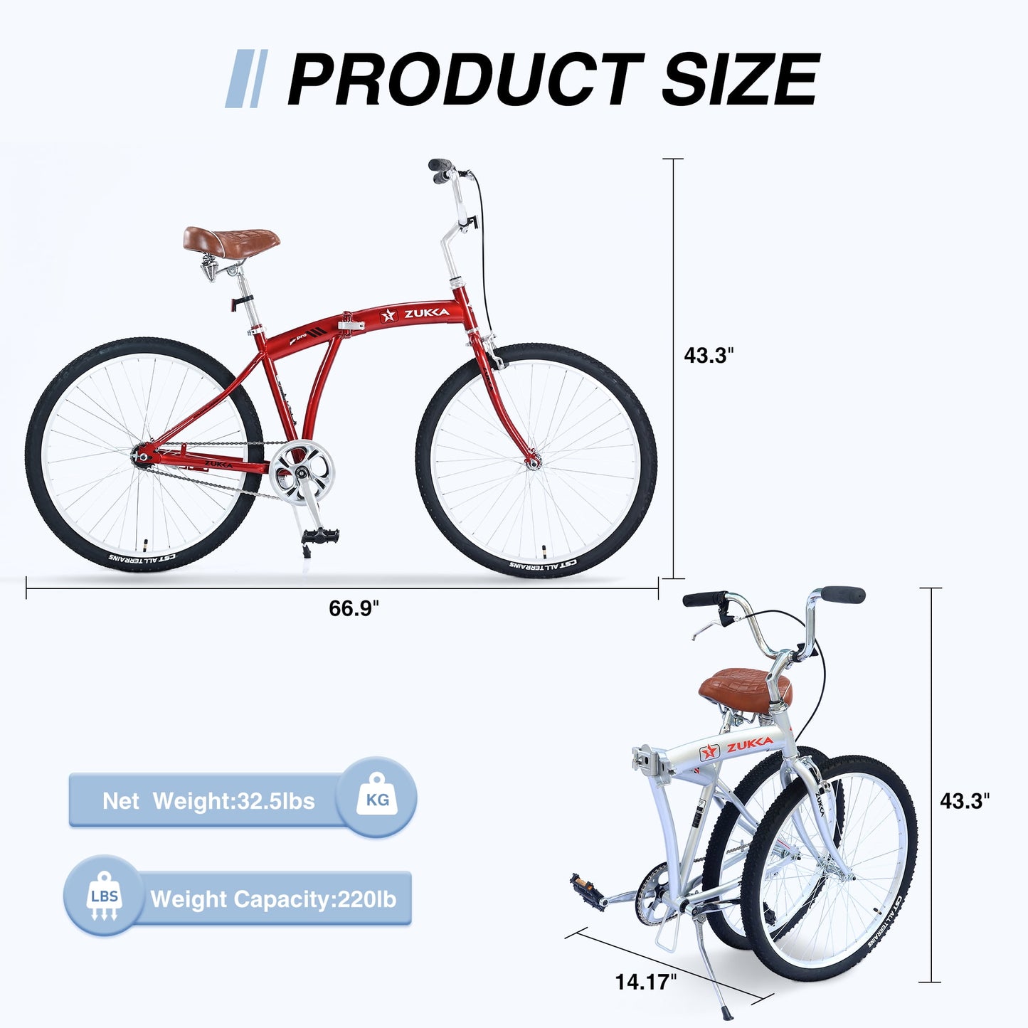 26" Folding City Bike, Single Speed Beach Cruiser Bike for Men Women Adults, Red