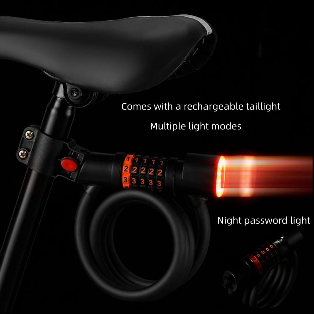Bike Cable Lock with Combination, 4 Ft 5-digit Resettable Bicycle Cable Lock with Tail Lights and Mounting Bracket for Bikes and Scooters