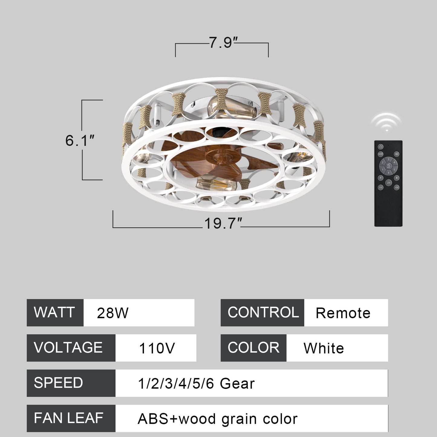 Ceiling Fan with Light and Remote Control, Flush Mount Ceiling Fan, Indoor Retro Low Profile Caged Ceiling Fan with 5 Bulbs for Living Room, Bedroom, Kitchen