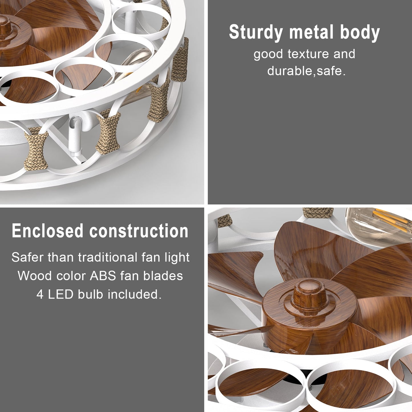 Flush Mount Ceiling Fan with Lights Remote Control, Indoor Retro Low Profile Caged Ceiling Fan with 5 Blades for Living Room, Bedroom, Kitchen
