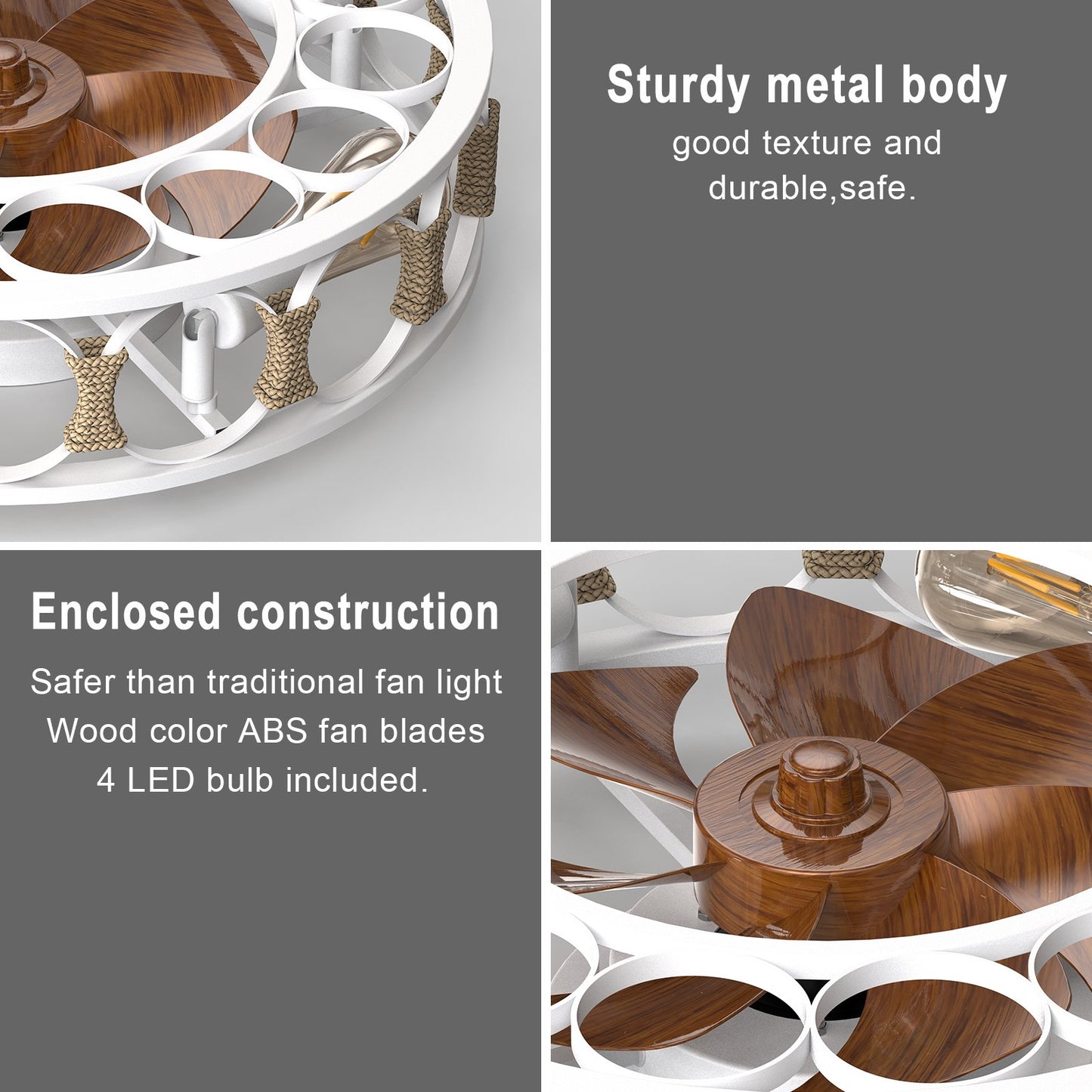 Flush Mount Ceiling Fan with Lights Remote Control, Indoor Retro Low Profile Caged Ceiling Fan with 5 Blades for Living Room, Bedroom, Kitchen