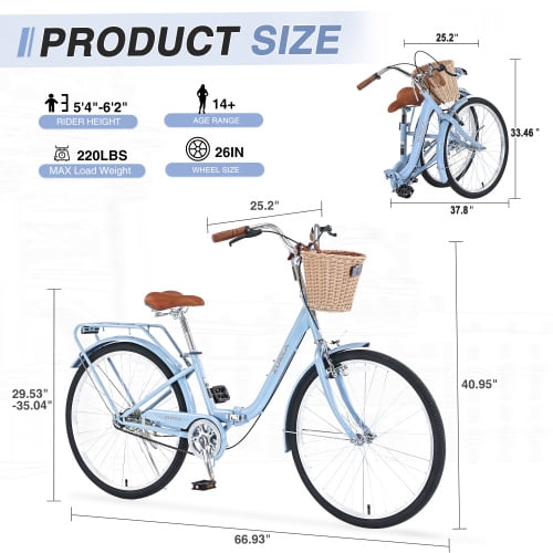 Tyethy Beach Cruiser Bike 26" Commuter Bicycle for Adults Womens, 7-Speed Steel Frame Comfortable City Bikes with Rear Rack and Basket, Multi-colors