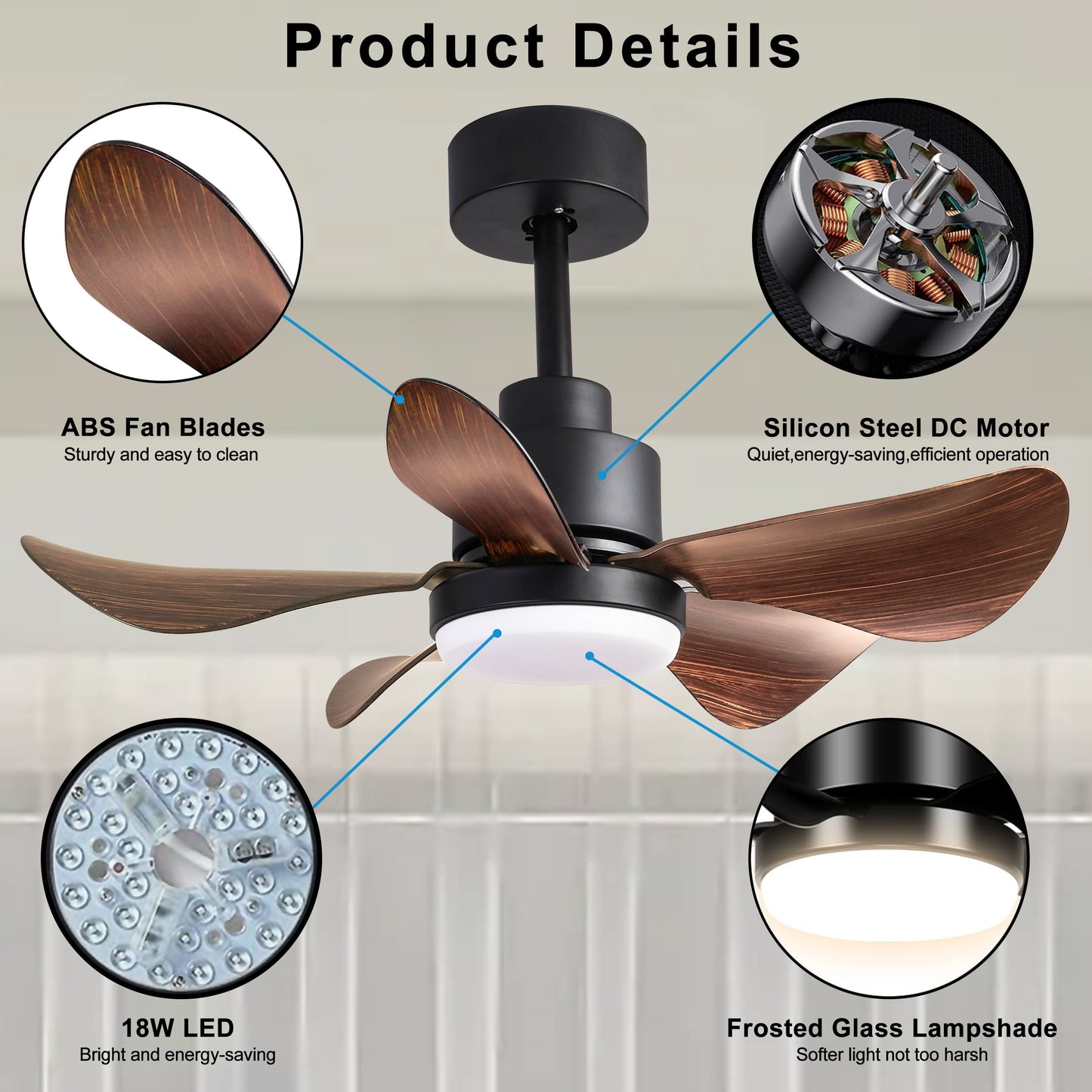 28" Ceiling Fan with Lights App Remote Control, Flush Mount Ceiling Fan with 5 Reversible Blades for Bedroom Kitchen, Brown