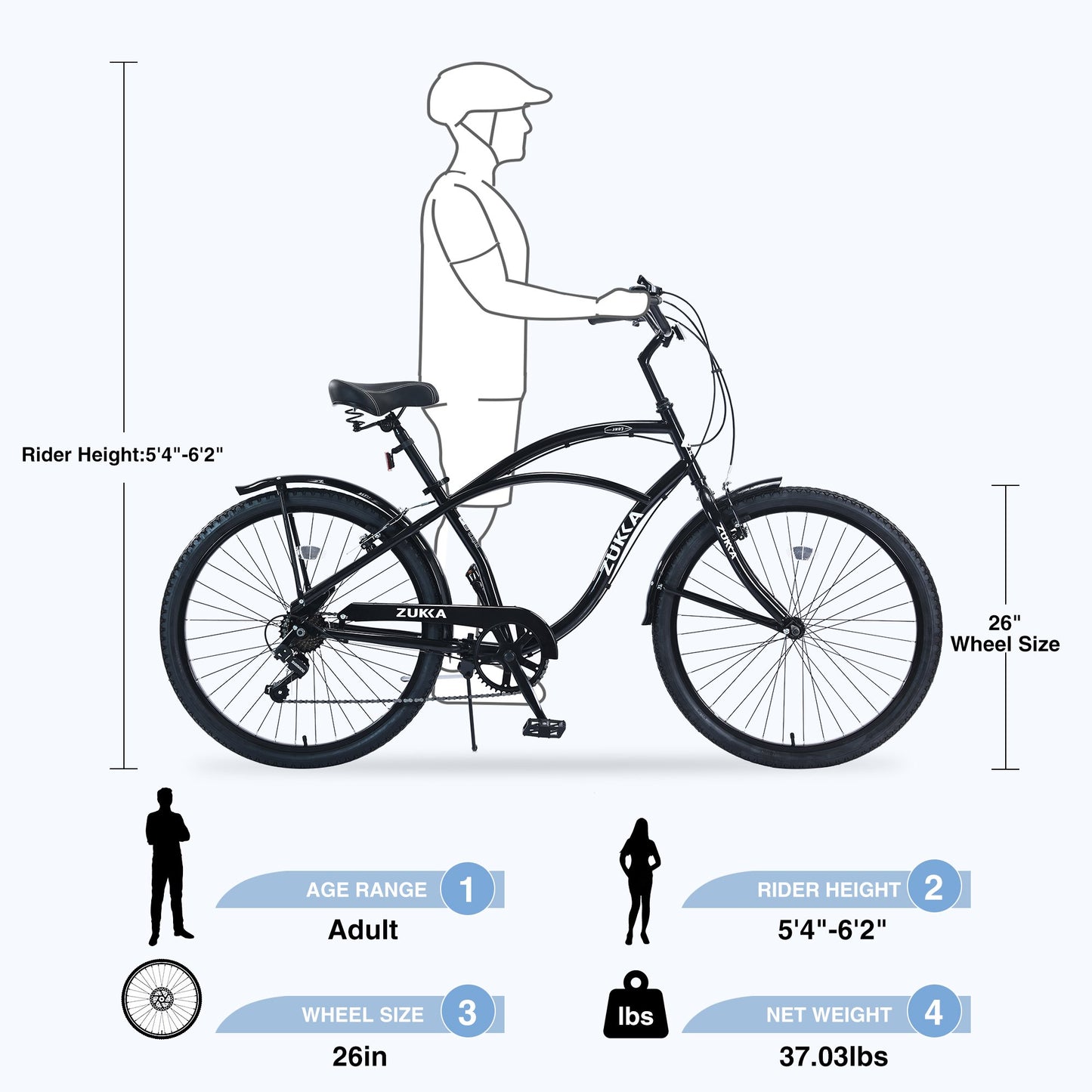 26" Cruiser Bike for Men Women Shimano 7 Speed Steel Frame Adults Bicycle with Dual Brakes, Black