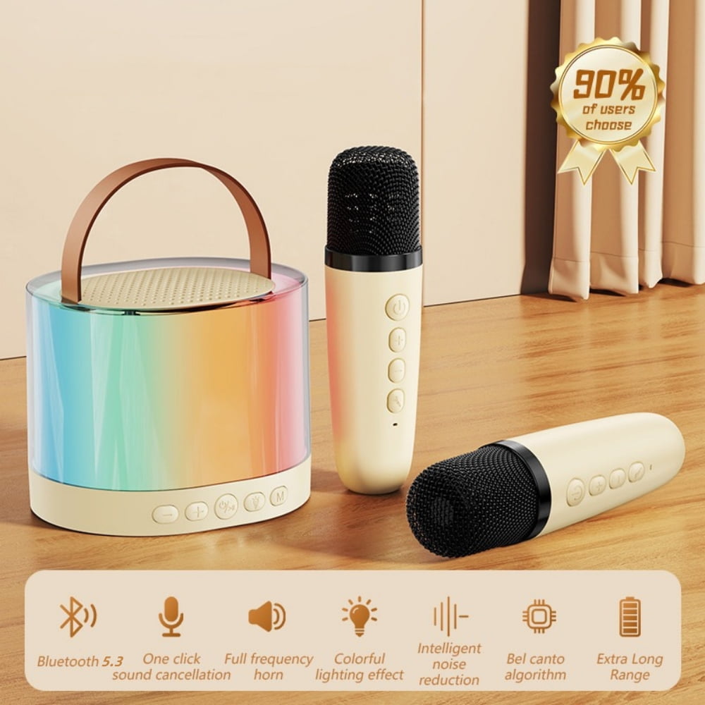 Karaoke Machine for Kids Adults, Portable Bluetooth Speaker with 2 Wireless Microphones, Mini Karaoke Toys Gifts for Girls Birthday Party, Beige