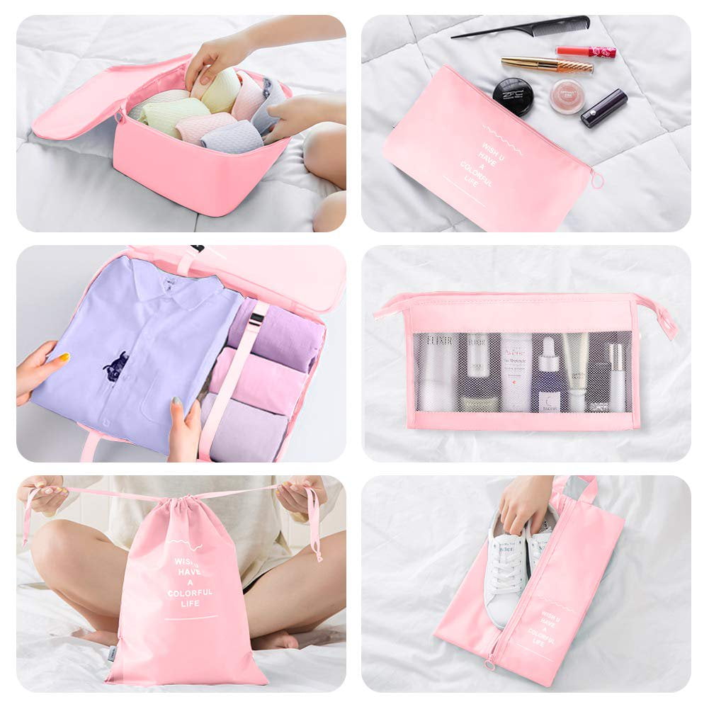 Packing Cubes for Travel, 8 Pcs Foldable Set Lightweight Luggage Organizers with Large Storage Bag for Clothes Shoes, Portable Toiletry Bag for Girls (Pink)
