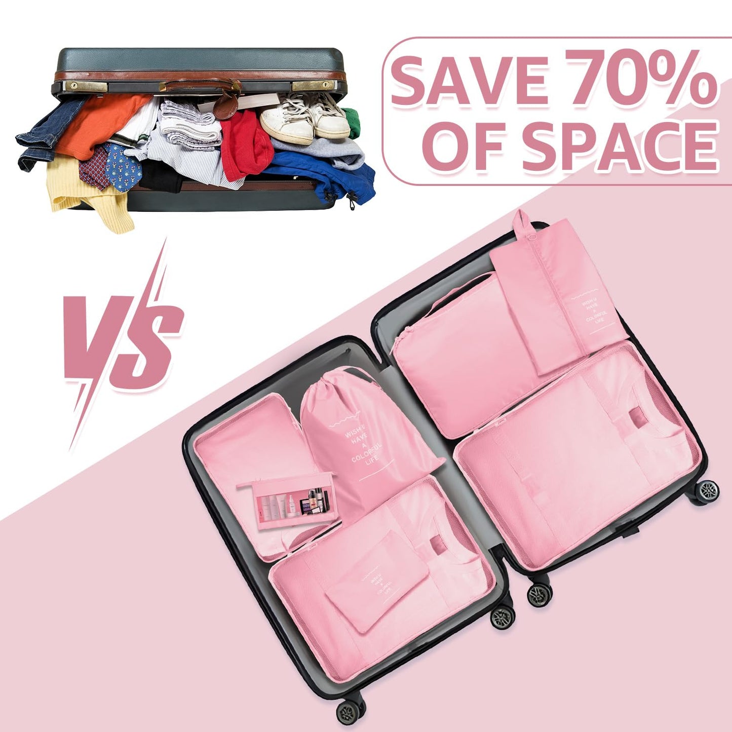 Packing Cubes for Travel, 8 Pcs Foldable Set Lightweight Luggage Organizers with Large Storage Bag for Clothes Shoes, Portable Toiletry Bag for Girls (Pink)