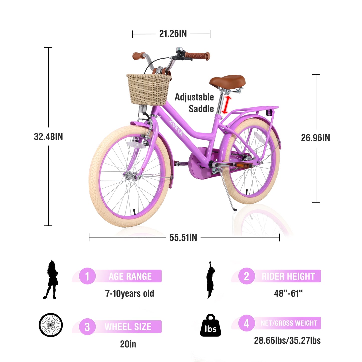 Girls Bike with Basket 20" Children Bicycle for 7-10 Years Old Kids, Pink