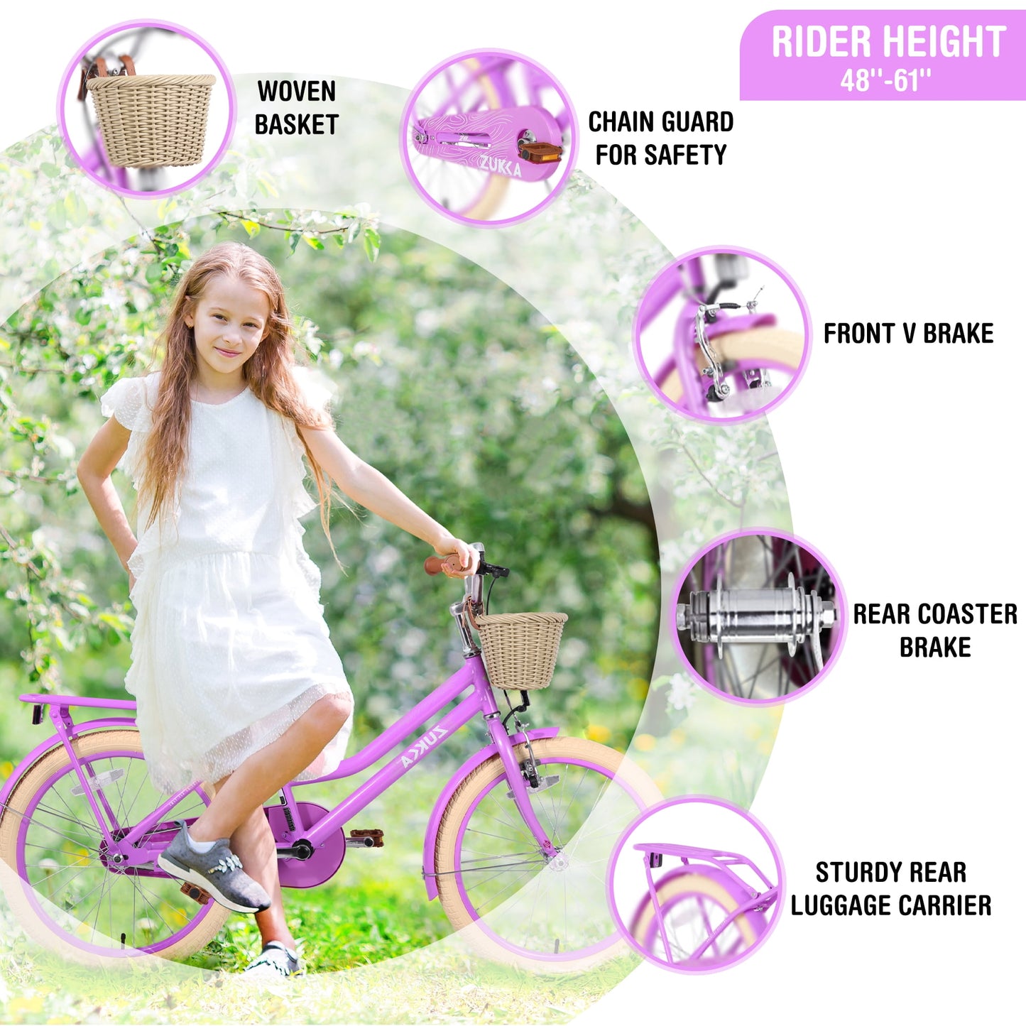 Girls Bike with Basket 20" Children Bicycle for 7-10 Years Old Kids, Pink